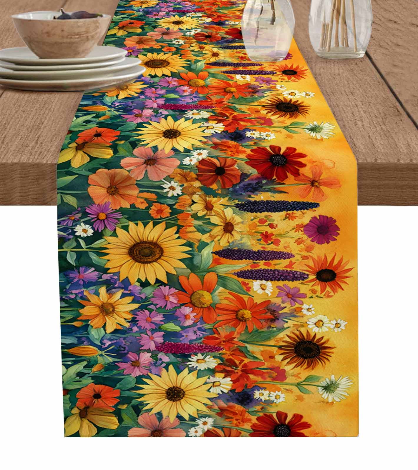 Colorful Flowers Table Runner 60 Inches, Farmhouse Sunflower Daisy Bed ...