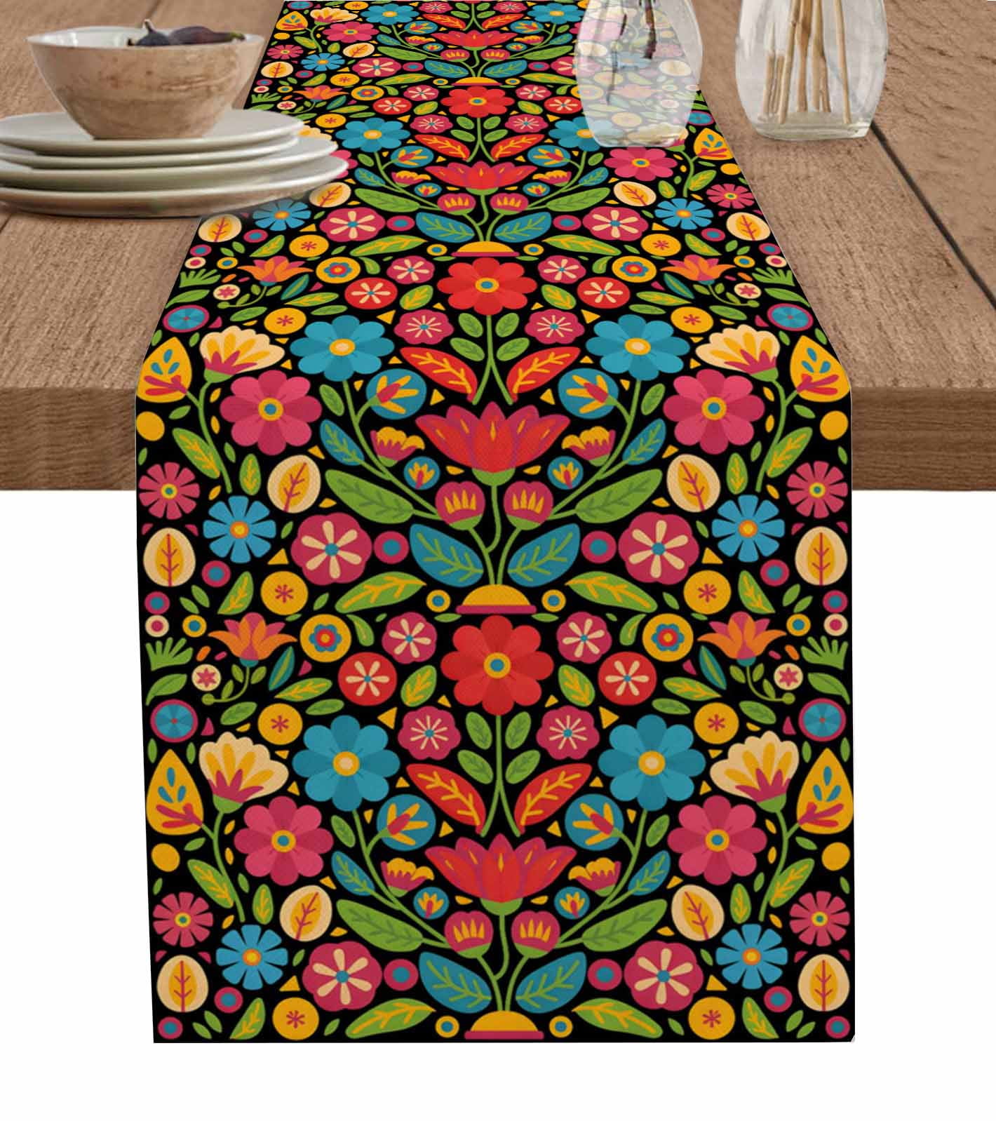 Colorful Flowers Table Runner Boho Ethnic Floral Plants Texture ...