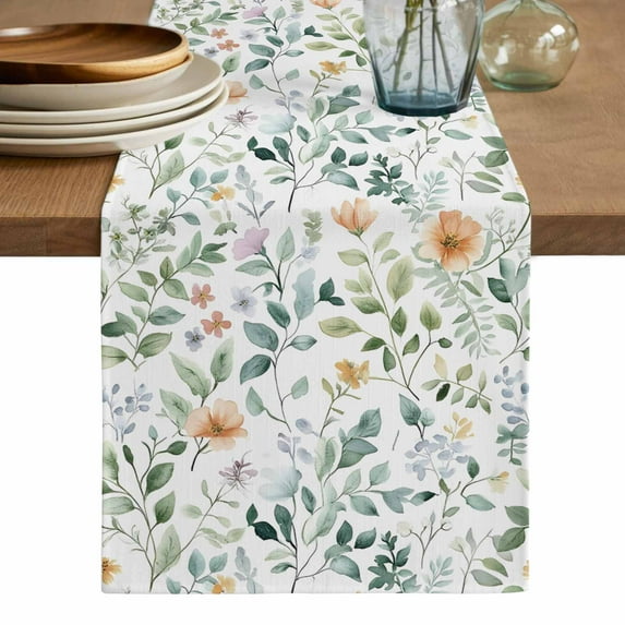 Colorful Flowers Table Runner, Farmhouse Botanical Floral Herbs Washable Cotton Linen Table Runners 48 Inches Long, Dresser Scarf Runner for Nightstand/Coffee/End Tables 13''x48''