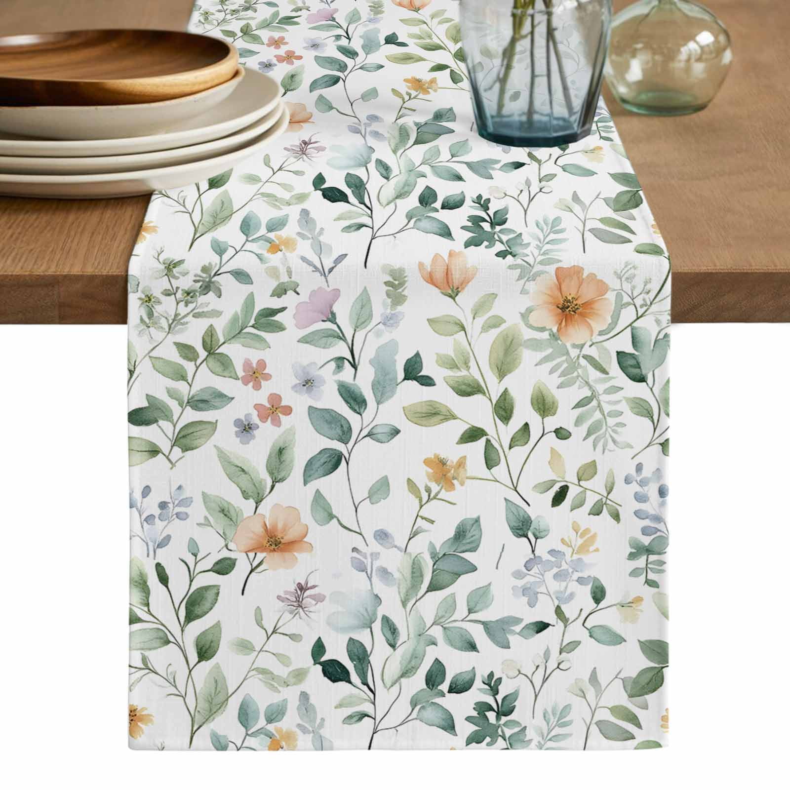 Colorful Flowers Table Runner, Farmhouse Botanical Floral Herbs Washable Cotton Linen Table Runners 90 Inches Long, Dresser Scarf Runner for Dining/Coffee/Kitchen/Hallway Tables 13''x90''