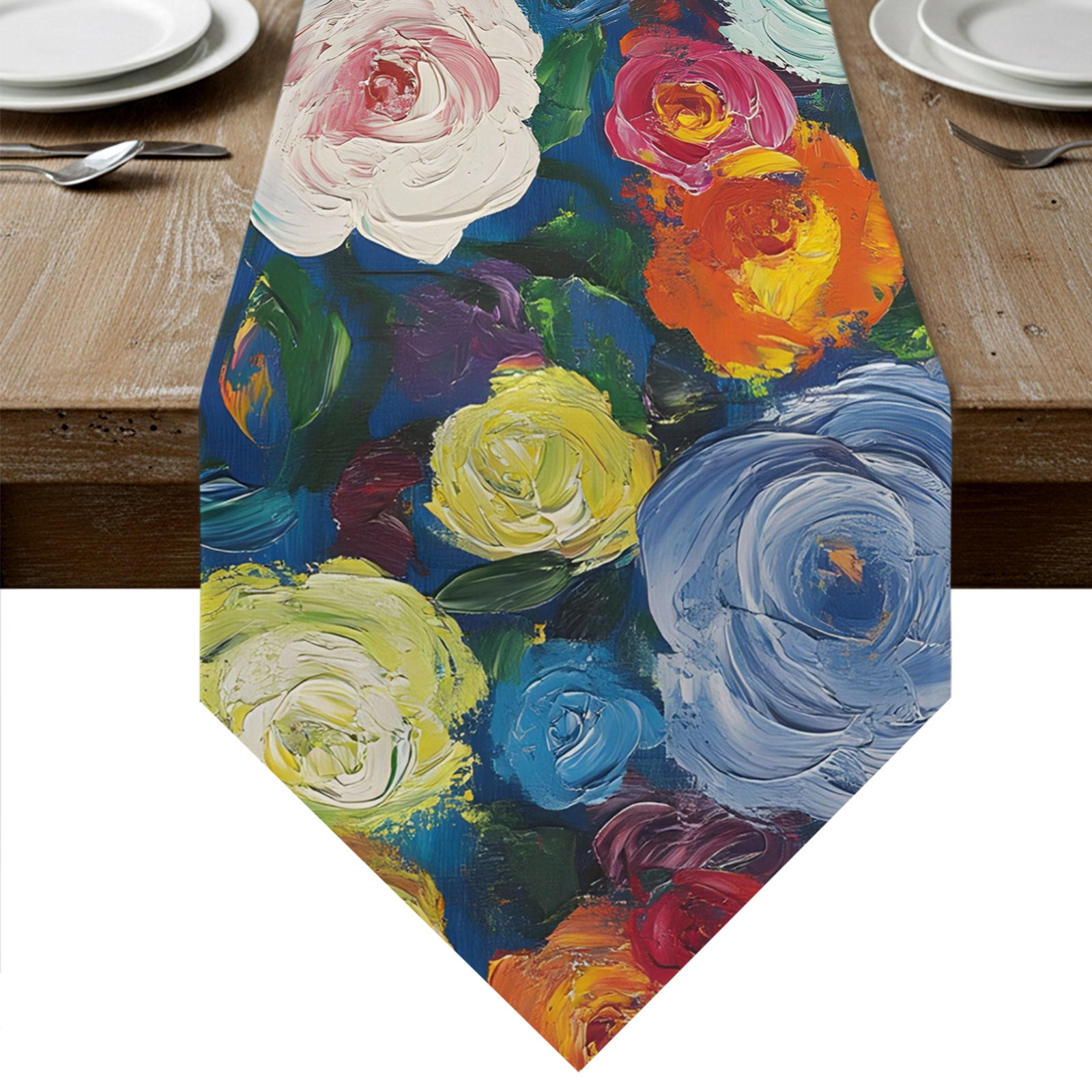 Colorful Flowers Table Runner Linen Burlap Table Runner 70 Inches Long ...