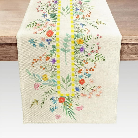 Colorful Flowers Table Runner, Spring Summer Seasonal Floral Table Runner, Linen Kitchen Dining Table Decoration for Indoor Outdoor Party Decor13X48 IN