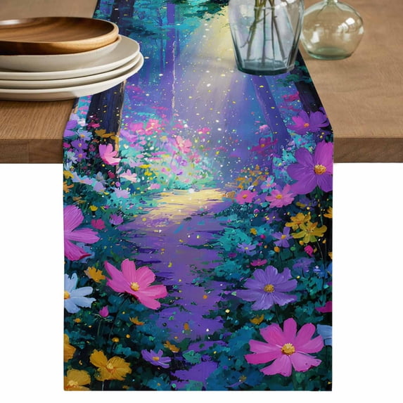 Colorful Flowers Table Runner, Spring Watercolor Oil Painting Forest Trees Washable Cotton Linen Table Runners 60 Inches Long, Dresser Scarf Runner for Coffee/TV Stands/Kitchen/Cabinets 13''x60''