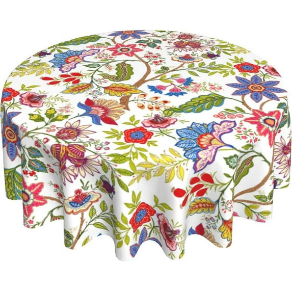 Colorful Flowers Tablecloth Round 60 Inch Spring Summer Table Cloth Washable Spillproof Wrinkle Free Watercolor Floral Green Leaf Fabric Table Cover for Indoor Outdoor Kitchen Dinning Round Tables