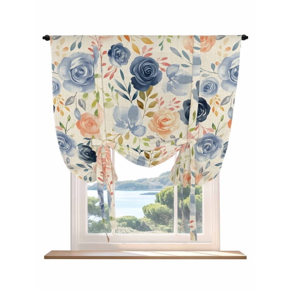 Colorful Flowers Tie Up Curtains for Windows 63 Inch Length Balloon Curtains Kitchen Adjustable Balloon Window Shade Watercolor Retro Blue Pink Floral Tie Up Valance Bathroom Curtain Window 42"x63"
