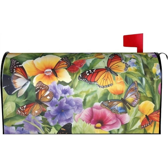 Colorful Flowers and Butterflies Magnetic Mailbox Covers, Mail Wraps Garden Yard Home Decor for Outdoor Standard Size 21x18 in