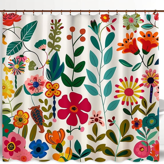 Colorful Flowers and Leaves Shower Curtain Whimsical Folk Art Bathroom Decor Bright Vibrant Colors VintageInspired Design