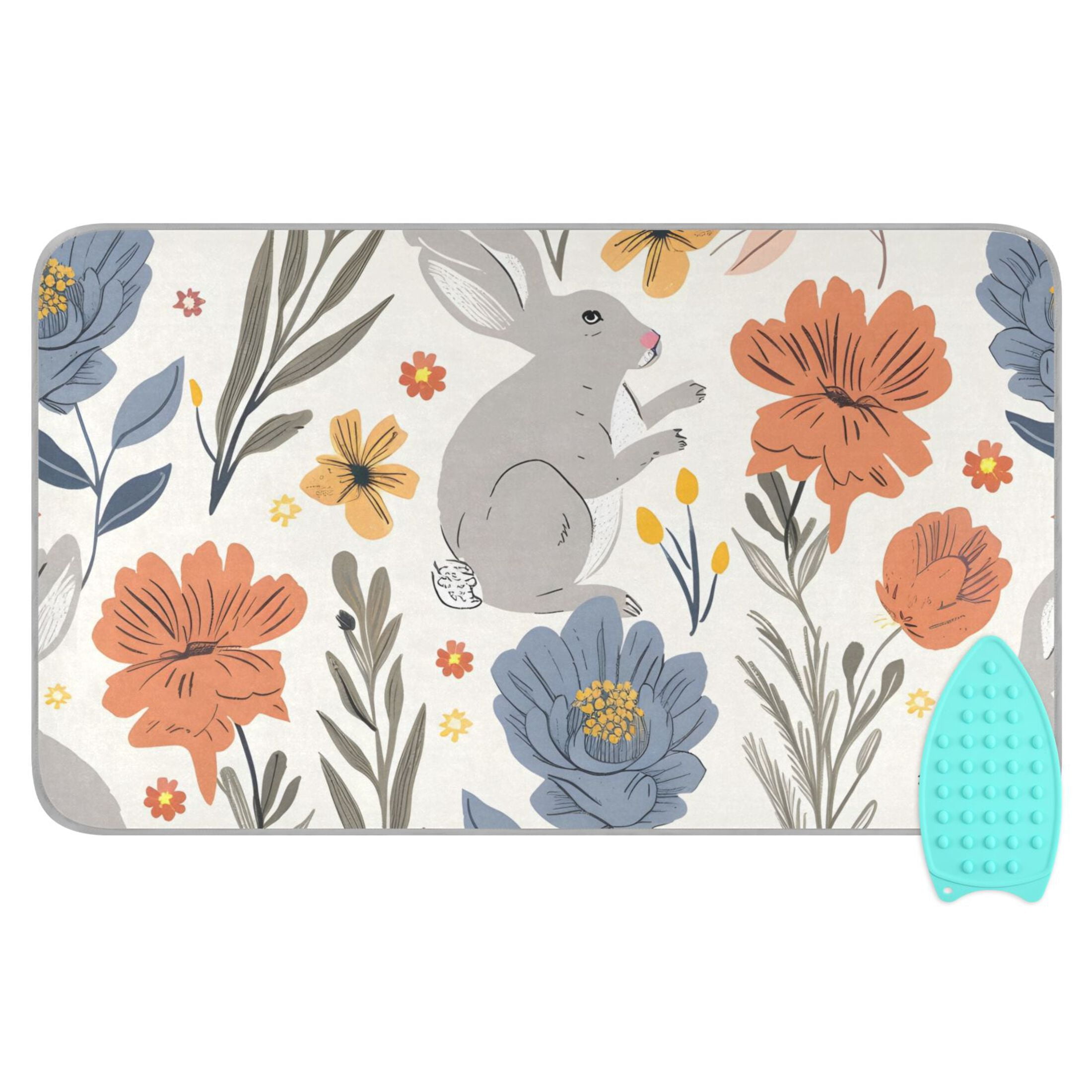 Colorful Flowers and Lovely Rabbits Ironing Mat Blanket Portable Travel Ironing Pad Heat Resistant Pad 47.2" x 27.6”