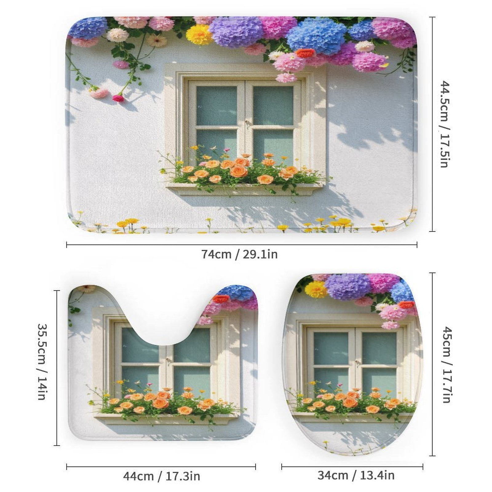 Colorful Flowers by Window Bathroom Rugs Sets 3 Piece Toilet Lid Cover