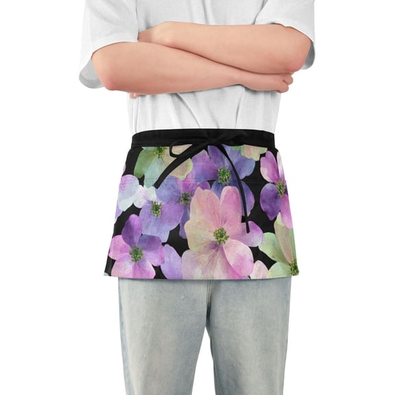 Colorful Flowers on Black Background Short Server Apron with 3 Pockets for Unisex Chef Gardening