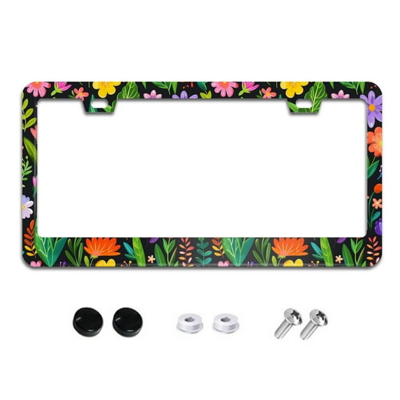 Colorful Flowers on Black License Plate Frames for Women Men Car Plate Holder Cover Metal Tag Aluminum Car Accessories Front Rear Plate Decor