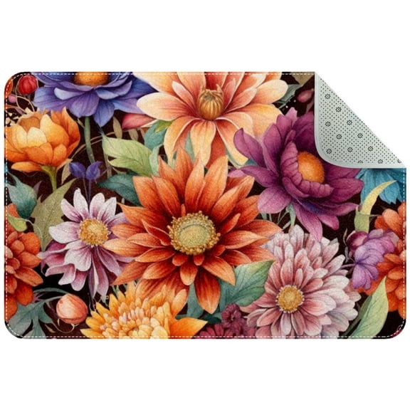 Colorful Flowers on Brown Background Small Area Rug, Non-Slip Door Mat Indoor Floor Mat, Washable Kitchen Rug Entrance DMat for Bedroom Living Room