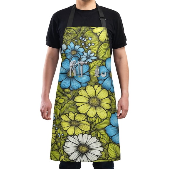 Colorful Flowers on Green Chef Kitchen Apron with Pockets for Women Waterproof Aprons for Cooking Baking