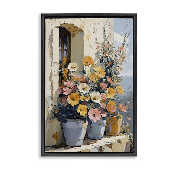Stupell Industries Colorful Flowers on Stone Ledge Black Framed Floater Canvas Wall Art, design by Gina Kelly