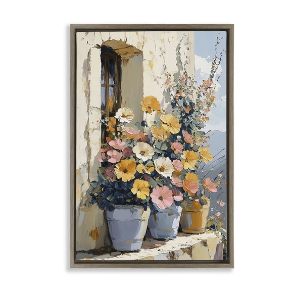 Stupell Industries Colorful Flowers on Stone Ledge Brown Framed Floater Canvas Wall Art, design by Gina Kelly