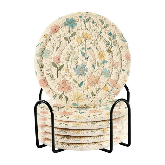 Colorful Flowers with Leaves 6 Pcs Drink Coasters with Holder Absorbent Coasters Woven Coasters for Drinks Table Desk Protection Home Decor