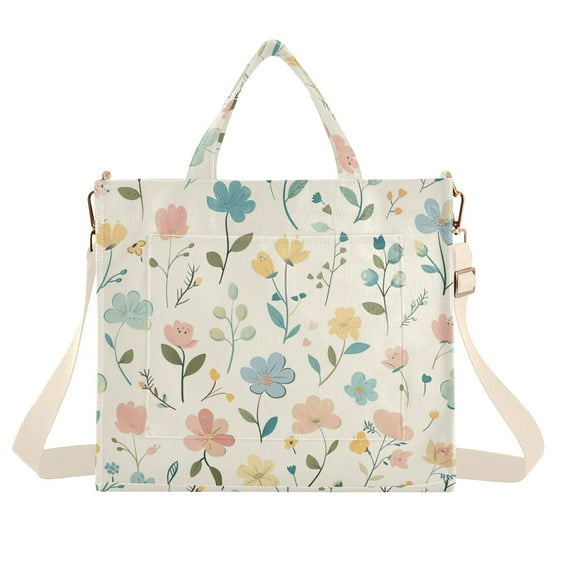 Colorful Flowers with Leaves Corduroy Tote Bag Handbag Large Messenger Bag Shoulder Crossbody Zipper Bag Purse