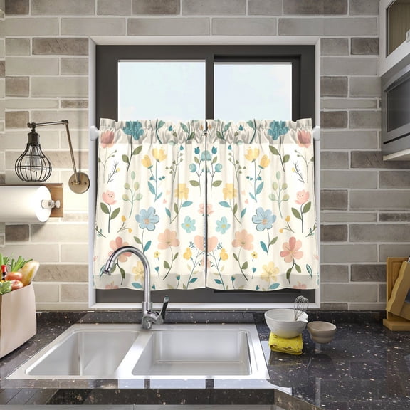 Colorful Flowers with Leaves Kitchen Curtains Half Tier Curtain 2 Rod Pockets Bathroom Bedroom Cupborad Living Room 27"x24"
