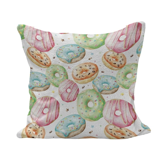 Colorful Fluffy Throw Pillow Cushion Cover, Delicious Watercolor Pattern with Doughnuts Hand Drawn Yummy Tasty Pastries Bakery, Decorative Square Pillow Case, 18" x 18", Multicolor, by Ambesonne