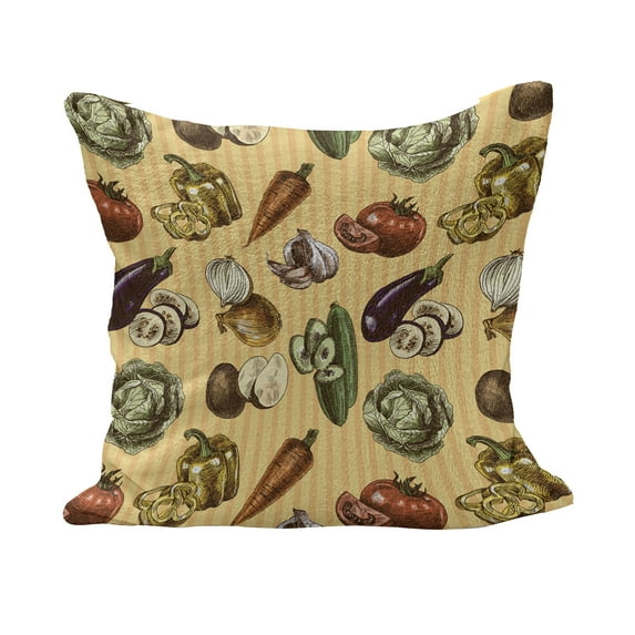 Colorful Fluffy Throw Pillow Cushion Cover, Sketchy Hand Drawn Style Image of Vegetables Fruits with Striped Coral Backdrop, Decorative Square Accent Pillow Case, 28" x 28", Multicolor, by Ambesonne