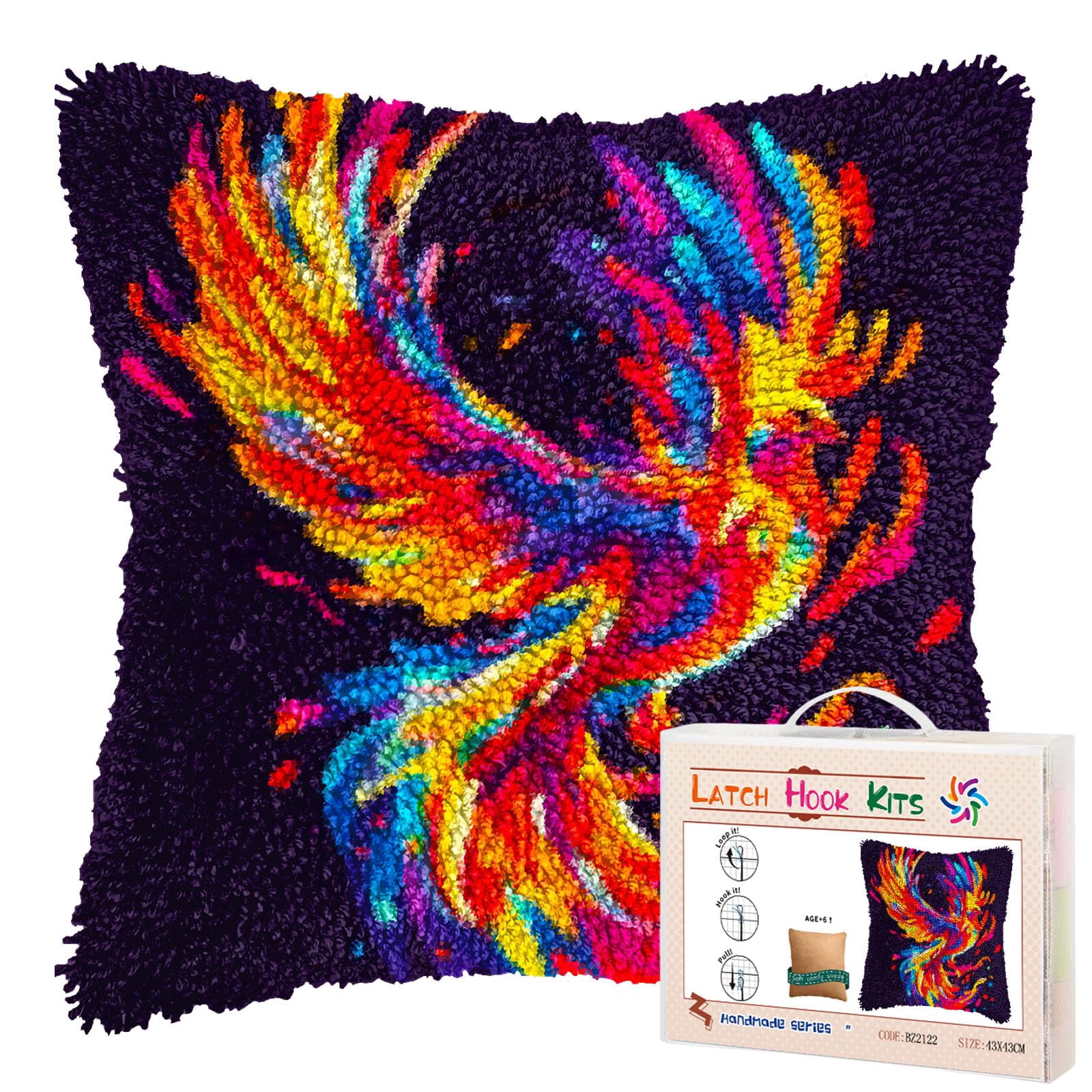 Colorful Flying Bird DIY Latch Hook Pillow Kits for Adults Printed Pillowcase Crochet Yarns Hooking Handmade Pillow Cover Cushion for Home Sofa Decoration 17x17inch