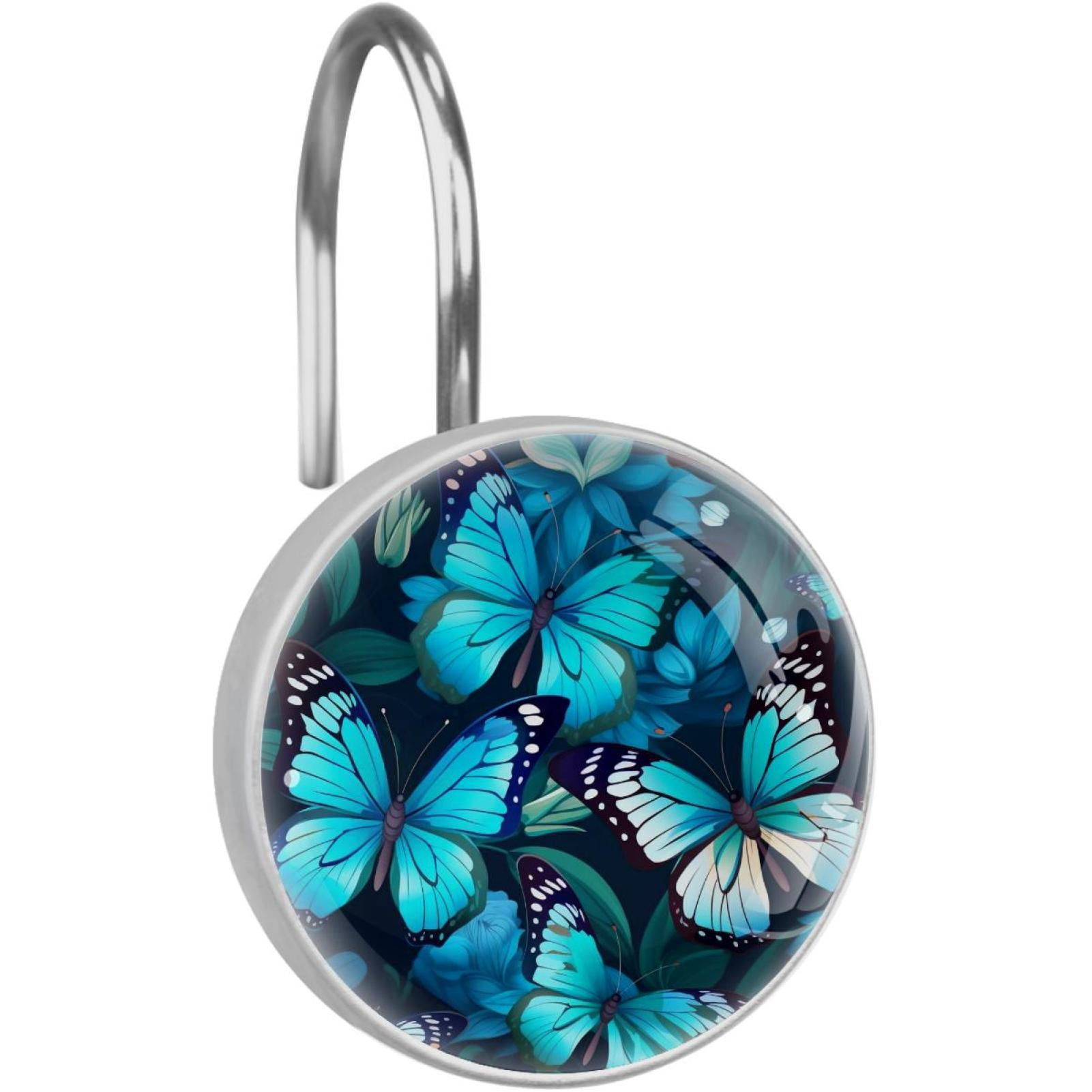 Colorful Flying Butterfly Shower Curtain Hooks Round Crystal Glass, Set of 12 Shower Curtain Rings - Shower Hooks for Curtain Shower Rings