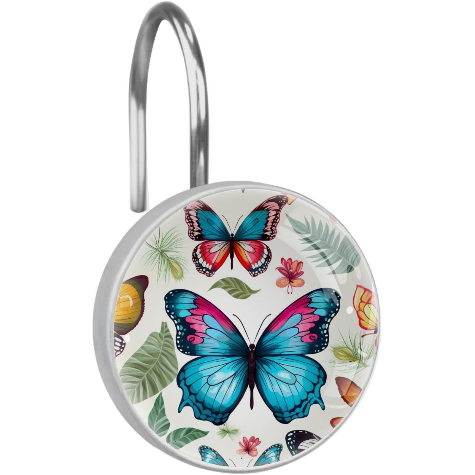 Colorful Flying Butterfly Shower Curtain Hooks Round Crystal Glass, Set of 12 Shower Curtain Rings - Shower Hooks for Curtain Shower Rings