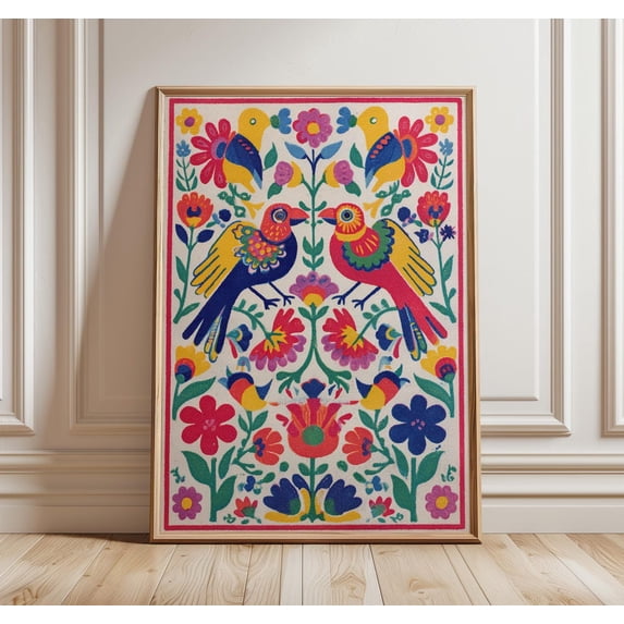 Colorful Folk Art Birds Vibrant Floral Mexican Indian Pattern Decor, Unframed Canvas 12x16in