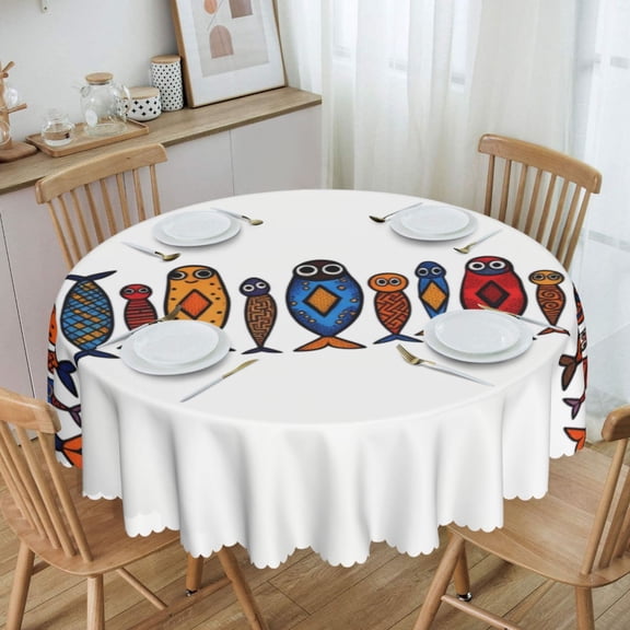Colorful Folk Art Fish Lineup, Geometric Patterns On White Round Tablecloth Waterproof Oil-Proof Plastic Table Cloth Stain-Resistant Wipeable 60" for Camping, Dining, Indoor and Outdoor