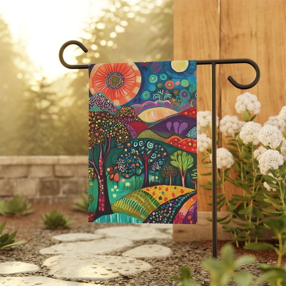 Colorful Folk Art Hills Trees Decorative Flag 12x18 POLE NOT INCLUDED Garden Flag