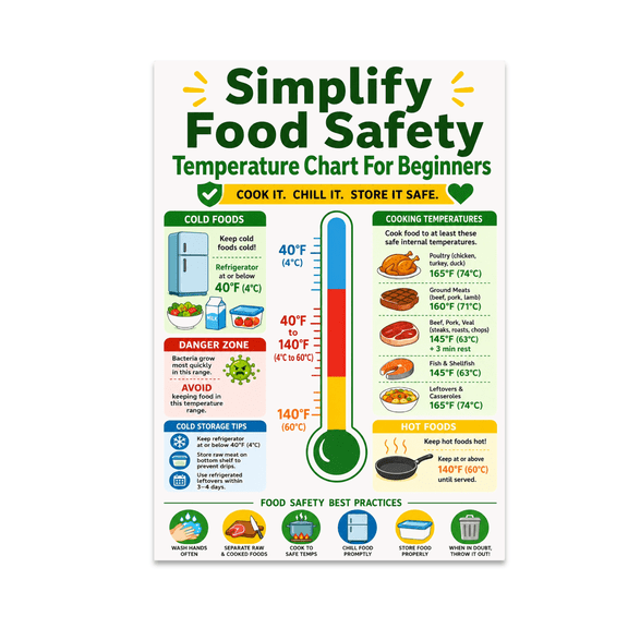 Colorful Food Safety Temperature Chart - Beginners - 13x19 Poster Print