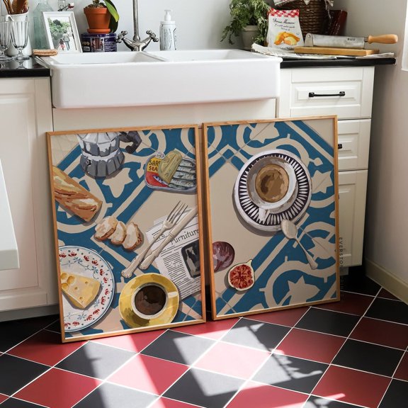 Colorful Food Table Retro Preppy Apartment Trendy Kitchen Art Set 2 Stretched Canvas 8x12