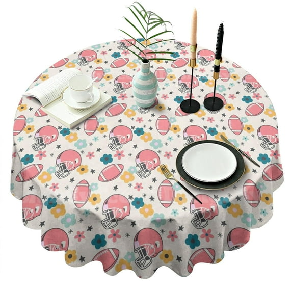 Colorful Football Helmets and Flowers Pattern Round Tablecloth 60"x60",Wrinkle Wipeable Table Cloth for Kitchen Dining Room Picnic Patio Party