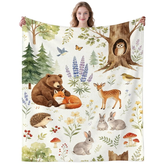 Colorful Forest Animal Blanket Gifts for Women Men Adults Forest Lovers Cozy Plush Fox Deer Owl Rabbit Throw Blankets for Bedding Home Decor Birthday Gifts 50×40 Inch