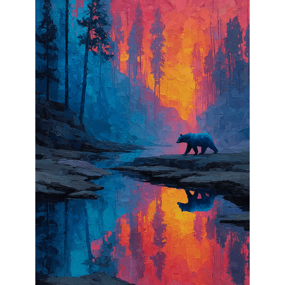 Colorful Forest Bear Canvas Wall Art, Impressionist Nature Print, Vibrant River Landscape Home Wall Decor