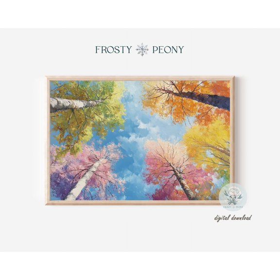 Colorful Forest Canopy Art Print, Tranquil Woodland Wall Art, Lush Tree Tops & Cloudy Sky Art, Wall Art, Modern Wall Decor, 8x12 UNFRAMED