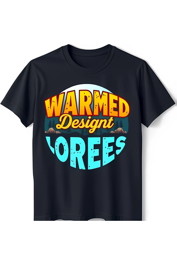 Colorful Forest Graphic Black T-Shirt with 'WARMED Designt OREEES' Print