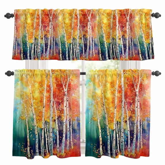 Colorful Forest Kitchen Curtains Valances and Tiers Set of 3 Retro Red Orange Green Tree Watercolor Botanical Tier Curtains and Valance with Rod Pocket for Small Windows, 27.5"x24"