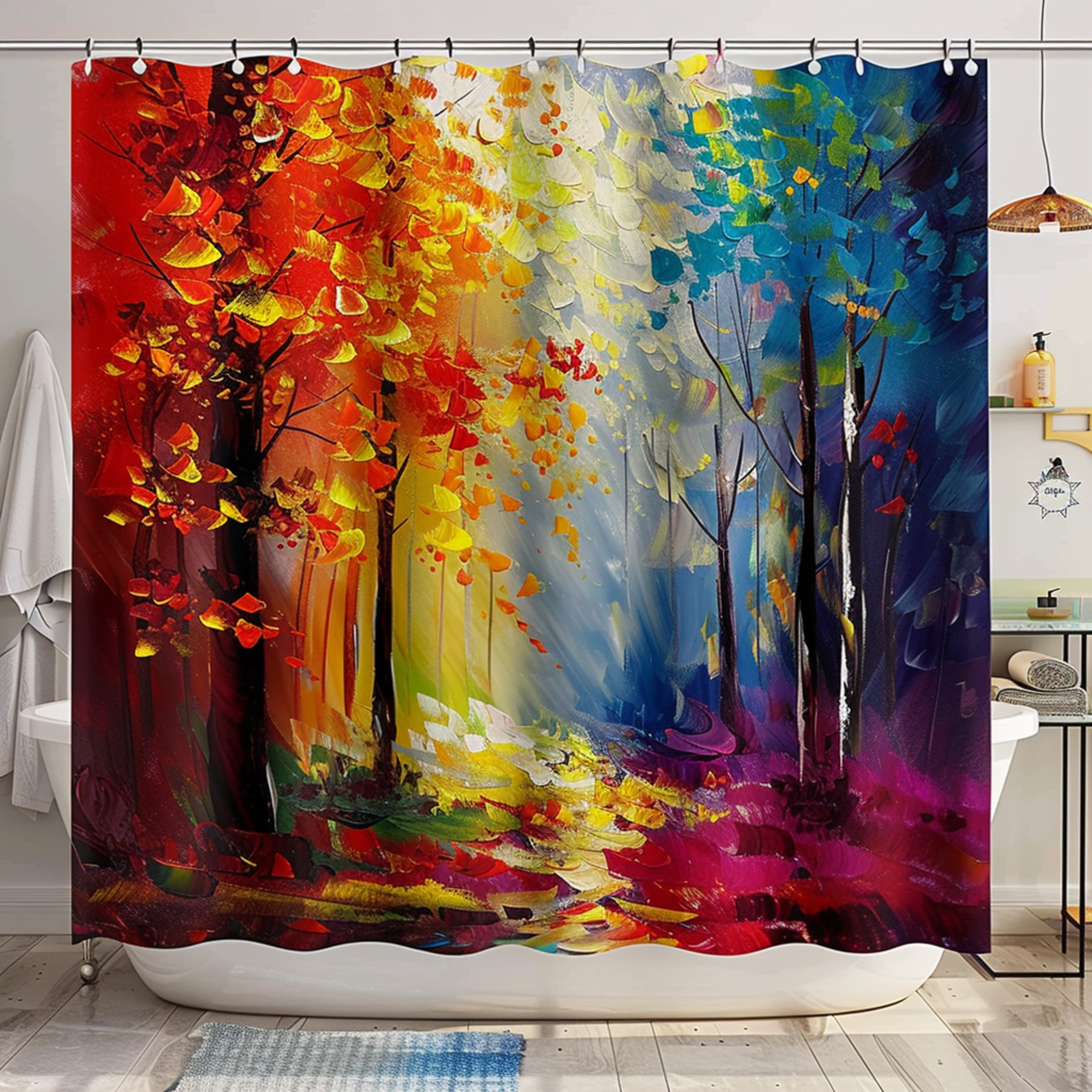 Colorful Forest Landscape Painting Shower Curtain Tree Design Bright
