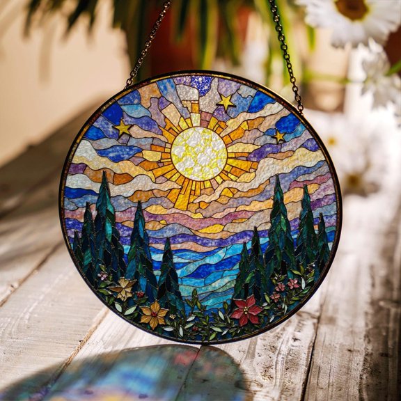 Colorful Forest Mountain Glass Suncatcher, Sun Scene Mothers Day, 3.5 in