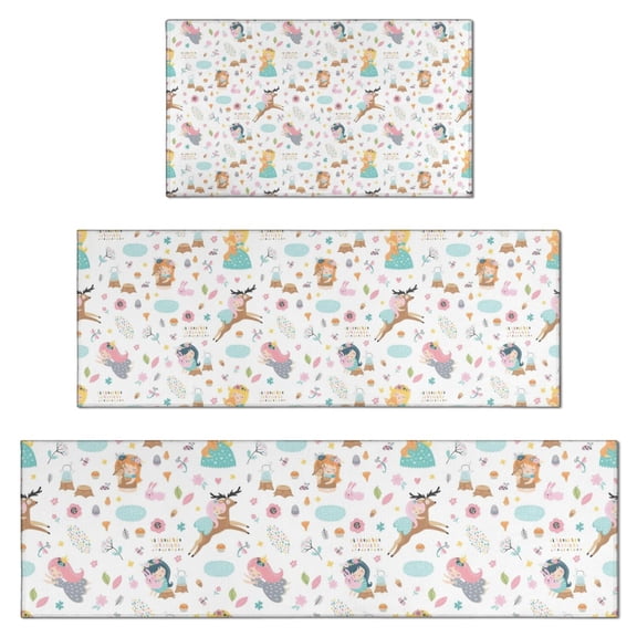 Colorful Forest Princess Pattern Kitchen Rugs Sets Of 3,Kitchen Runner Rugs Non Skid Washable,Decorative Kitchen Floor Mats for Kitchen,Sink,Laundry,17"x30"+ 17"x47" + 17"x59"