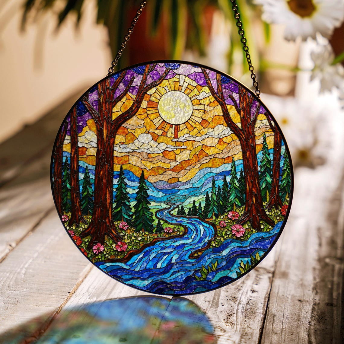 Colorful Forest River Stream Glass Suncatcher, Round Window Hanging ...