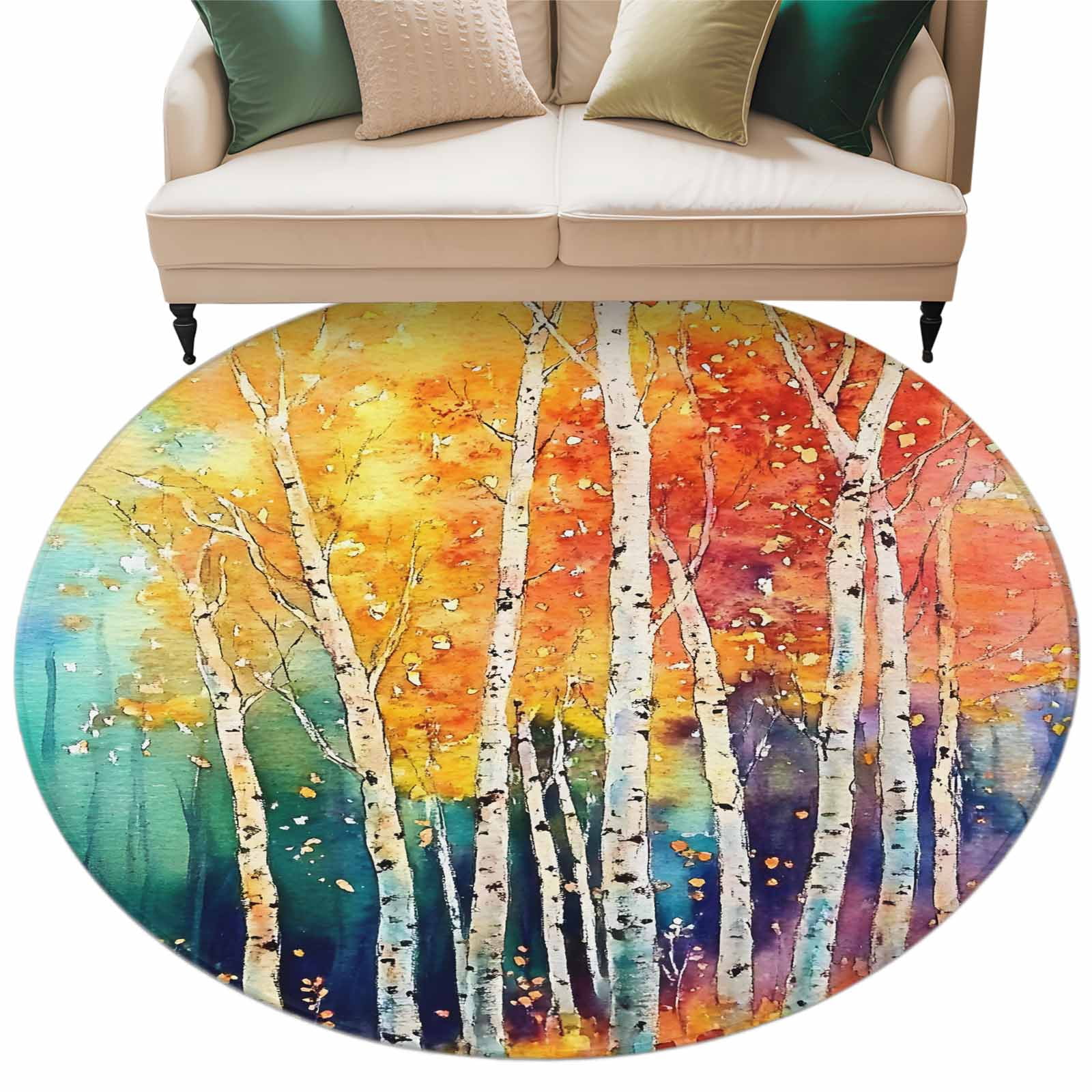 Colorful Forest Round Area Rug 6ft Retro Red Orange Green Tree ...