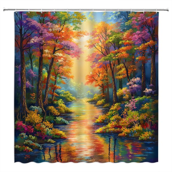 Colorful Forest Shower Curtain Fall Tree Stream Retro Rustic Vintage Nature Scenery Landscape Fabric Bathroom Decor Curtains with Hooks-72"W x 72"L (Pack of 1)