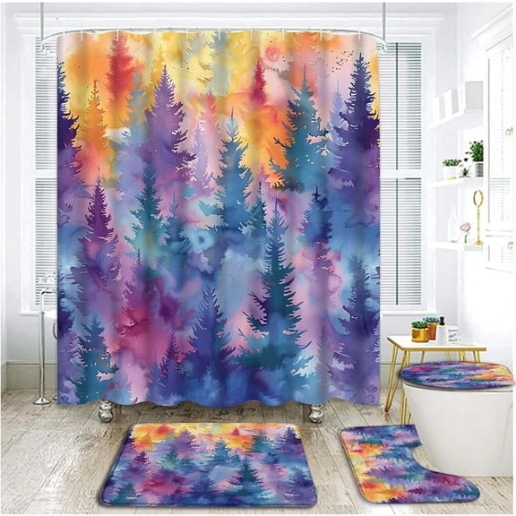 Colorful Forest Shower Curtain Set Watercolor Abstract Pine Spruce Trees Mist Fir Farmhouse Outdoor Autumn Country Nature Landscape Polyester Fabric Bathroom Curtain with Hooks