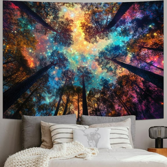 Colorful Forest Tapestry Nature Landscape Tapestry Mysterious Sky Tapestries Psychedelic Aesthetic Starry Night Tapestries Trippy Galaxy Space Wall Hanging Decor for Home