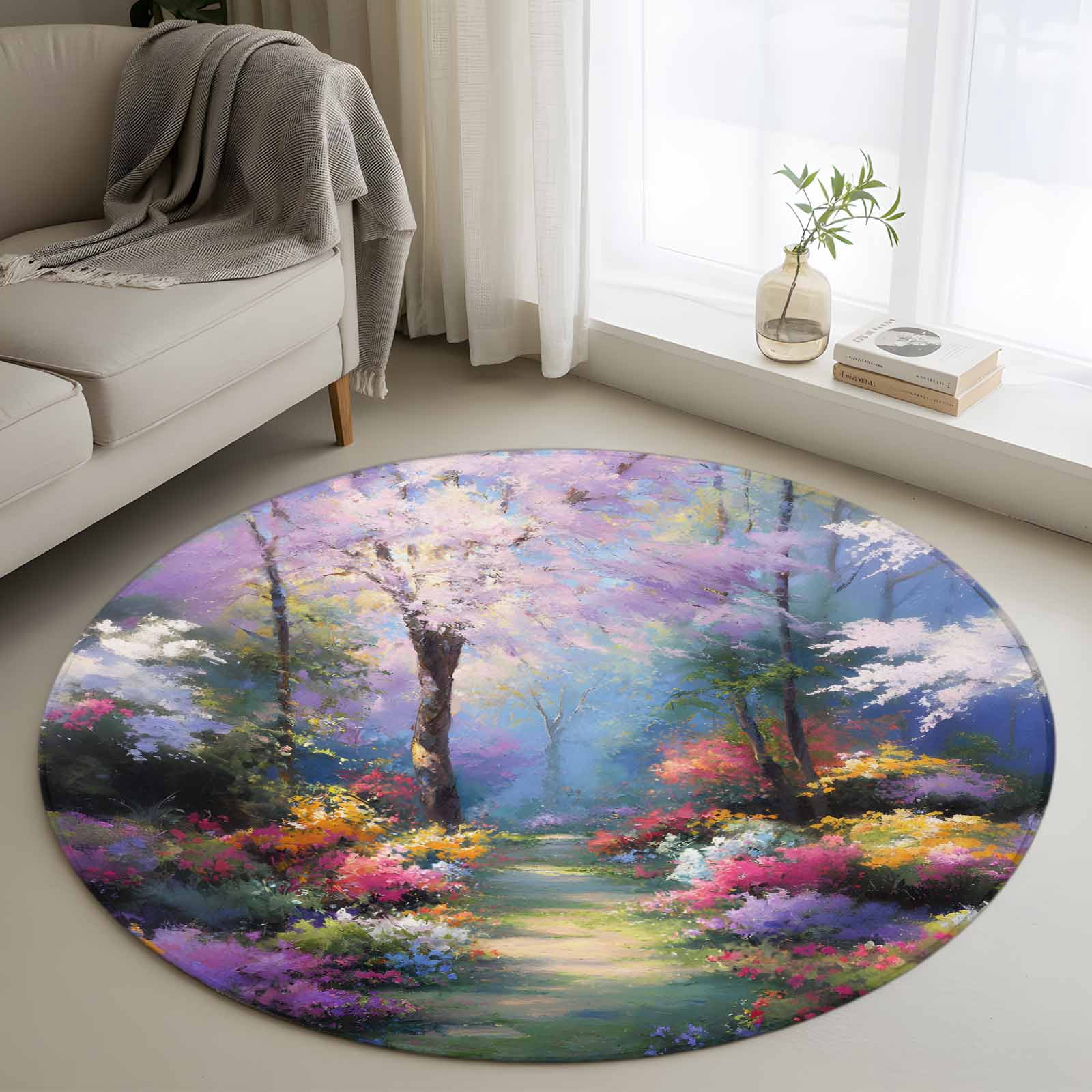 Small Round Forest Rug Colorful Forests Round Area Rug 4Ft Washable Circle Rugs for Bedroom ...