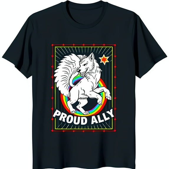 Colorful Fox Design T-Shirt Proud Ally with Rainbow Black Tee