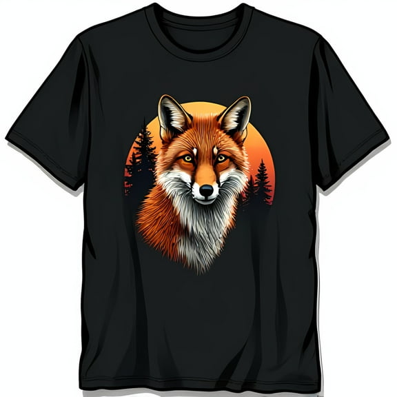 Colorful Fox Graphic Black T-Shirt Playful Sunset Design with Trees