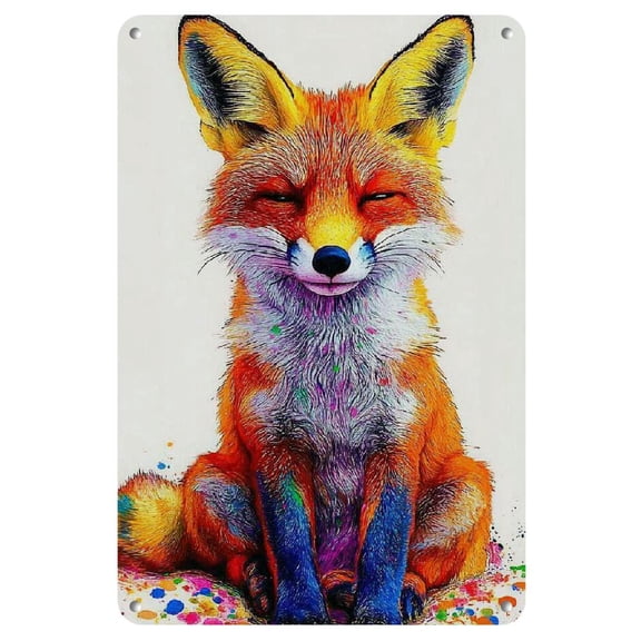 Colorful Fox Watercolor Metal Wall Art - 8x12 Inch Vintage Decor for Bedroom, Living Room, Basement, Apartment, Garage, Bar - Frameless, Indoor/Outdoor Use